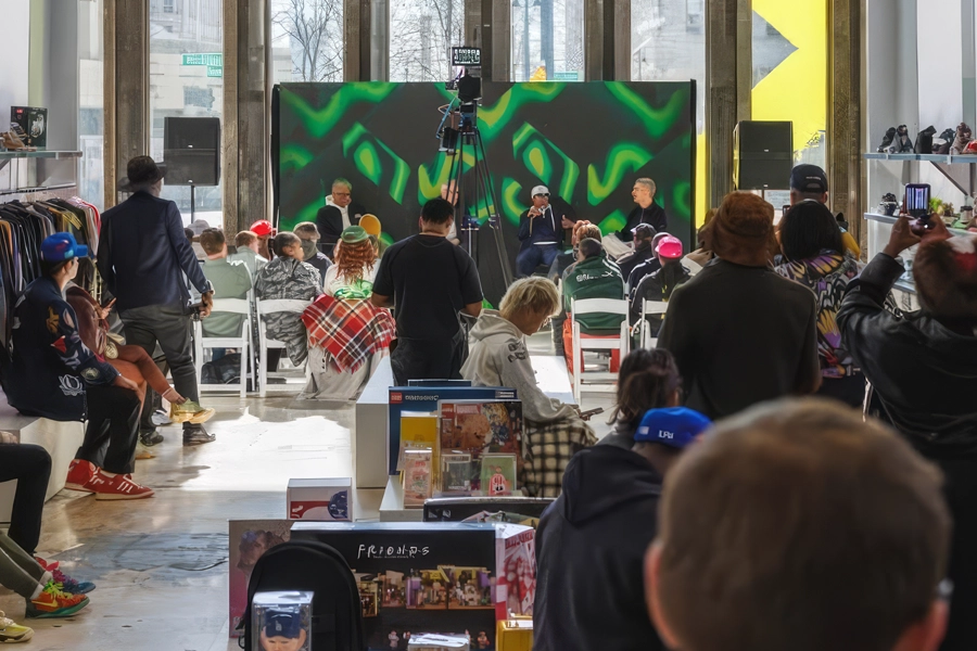 Speakers in front of a video wall while people watch